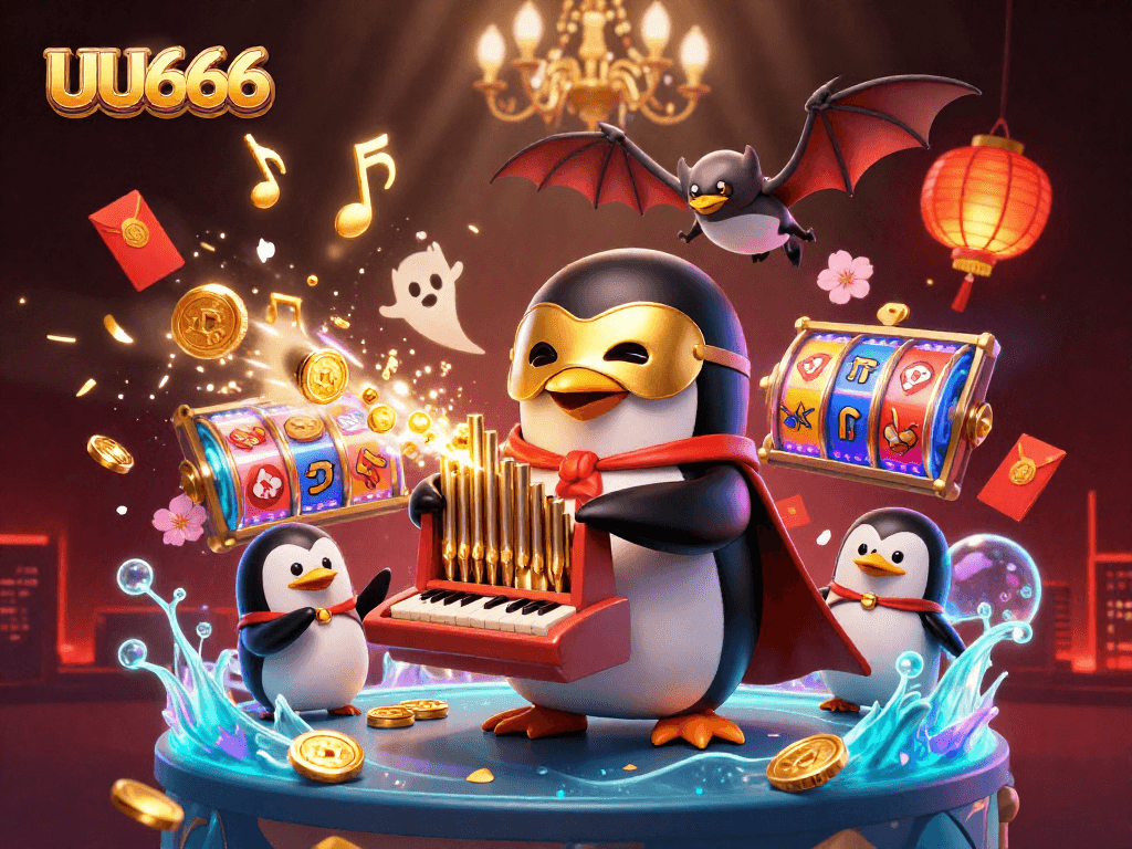 Experience thrilling gameplay with UU666, featuring a phantom penguin and golden coins showering from a mystical organ.
