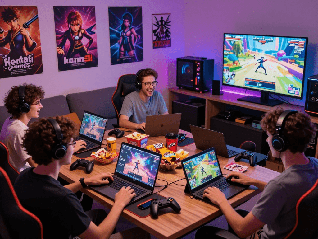 Exciting scene of players enjoying hentai games in a lively gaming room with avatars and colorful characters.