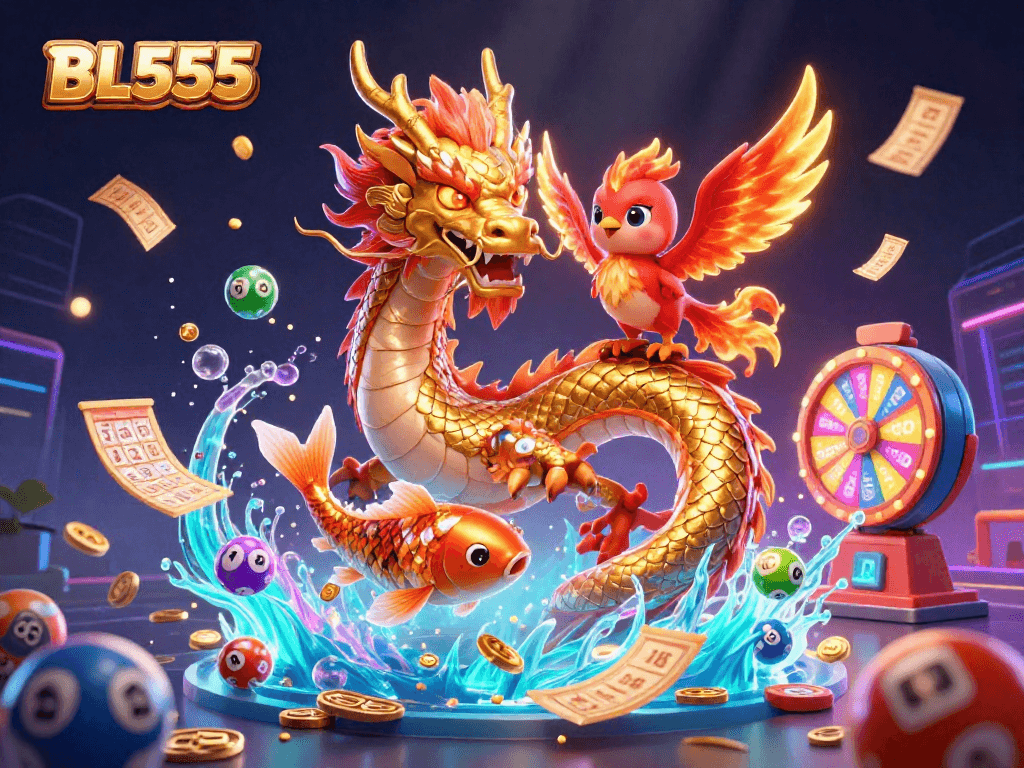 Engage with BL555's exciting action featuring a powerful dragon, phoenix, and koi amidst dynamic lottery elements.