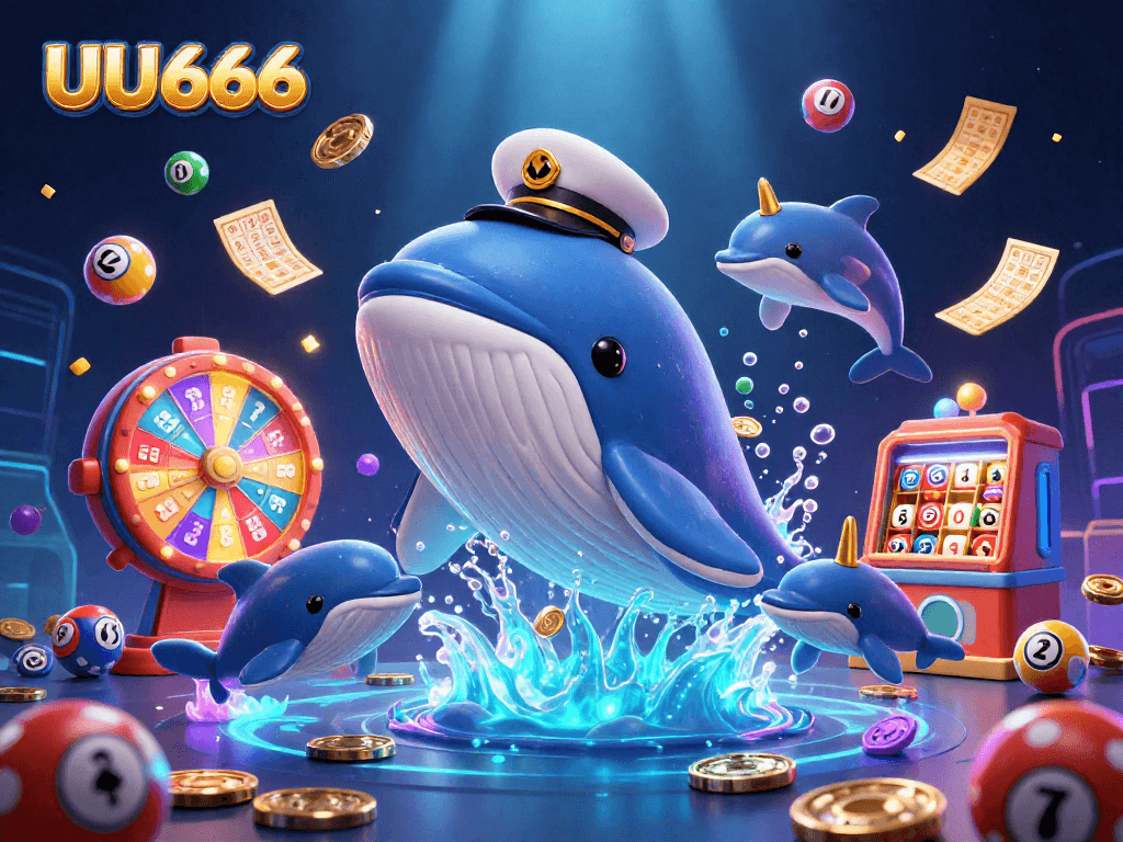 Experience thrilling gameplay at UU666 with a 3D cartoon whale, vibrant casino elements, and joyful dolphins.