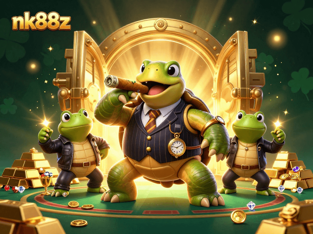 Experience thrilling wins at nk88z with cartoon characters in an exciting casino scene filled with gems and treasure.