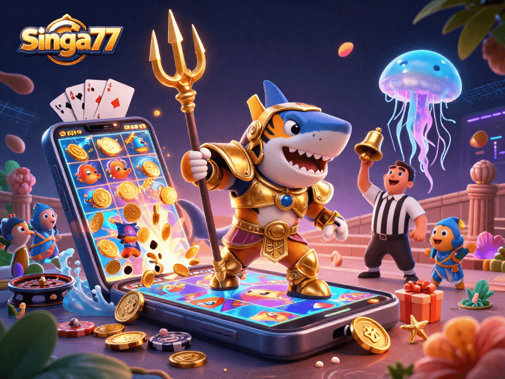 Singa77 showcases a lively underwater colosseum with a tiger shark in armor, vibrant slot games, and cheering fish.