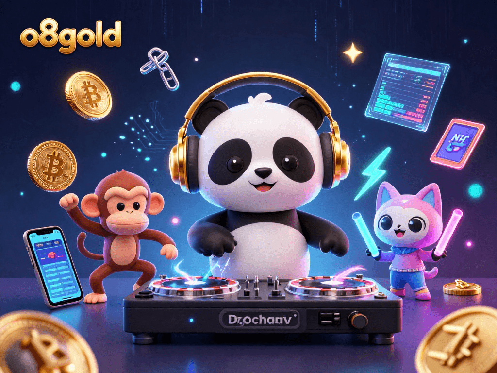 Experience the thrilling world of o8gold casino with playful characters amid crypto-themed visuals.