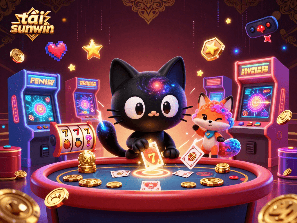Engage in the cosmic gameplay of tải sunwin with a black hole cat and vibrant fox amidst a dynamic casino scene.