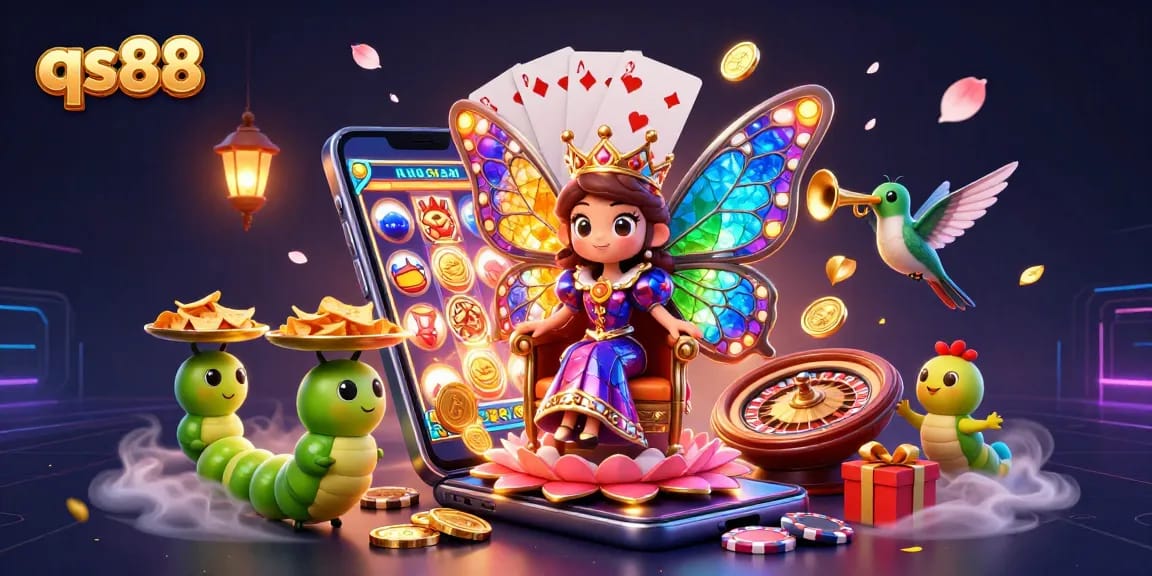 Experience the vibrant world of qs88 with a stunning cartoon illustration of a butterfly queen in a casino scene.