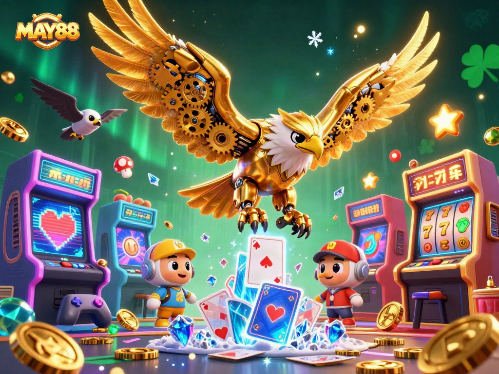 Experience thrilling gameplay with MAY88 in this vibrant 3D casino illustration featuring dynamic gaming elements.