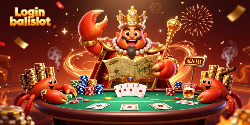 Experience the excitement with Login balislot through a vibrant 3D casino scene featuring a golden crab emperor.