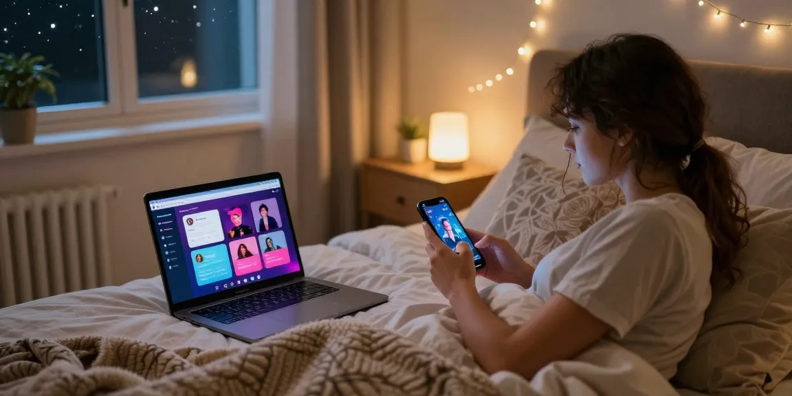 Couple exploring sex AI interactions on smartphones in a cozy bedroom.