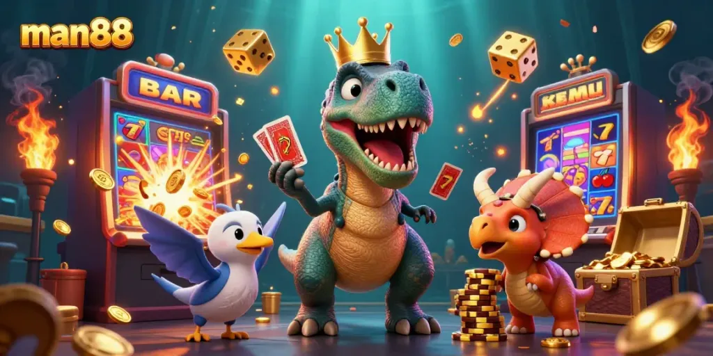 Experience thrilling gameplay with man88 through cartoon T-Rex shuffling cards, alongside colorful casino elements.