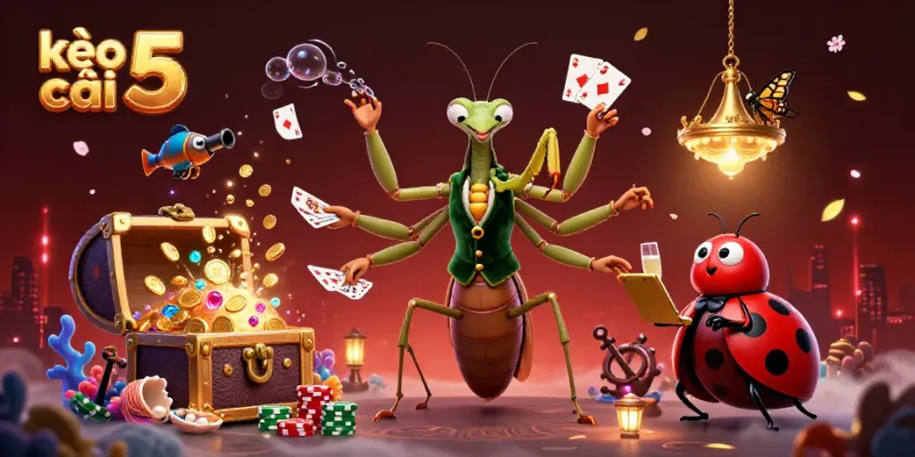 Engage with kèo nhà cái 5 in a vibrant 3D illustration featuring a giant praying mantis card sharp and ladybug pit boss under dynamic casino elements.