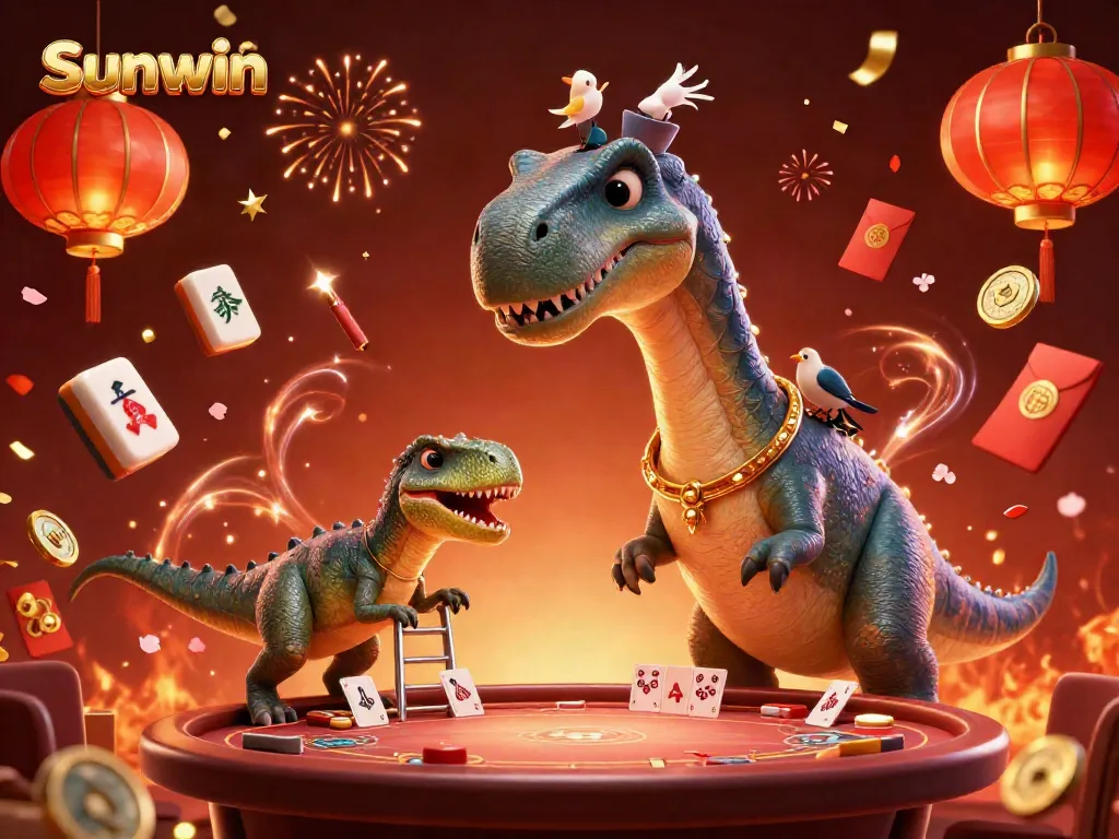 Engaging Sunwin-themed 3D scene with a brontosaurus and raptor at a poker table.