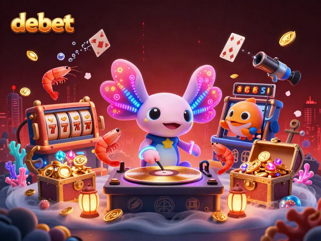Engage in the exciting debet casino experience featuring a lively axolotl DJ and vibrant underwater elements.