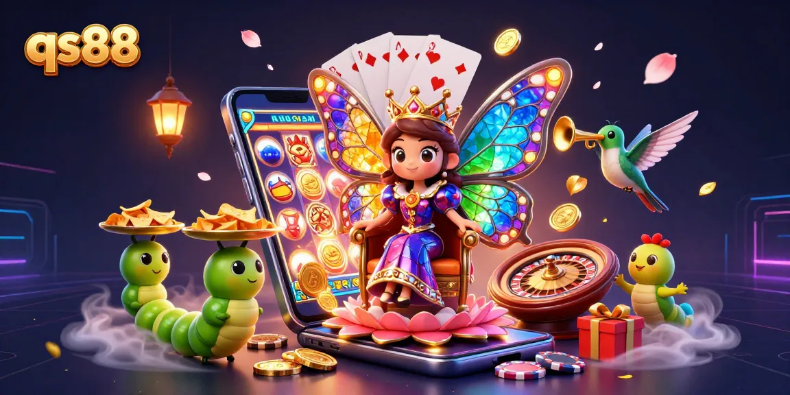 Experience the vibrant world of qs88 with a stunning cartoon illustration of a butterfly queen in a casino scene.