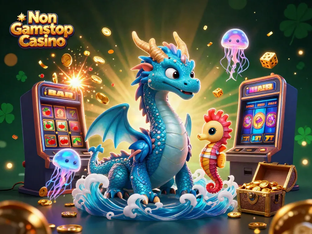 Engage with the captivating Non Gamstop Casino scene featuring a majestic azure water dragon, seahorse knight, and vibrant game elements.