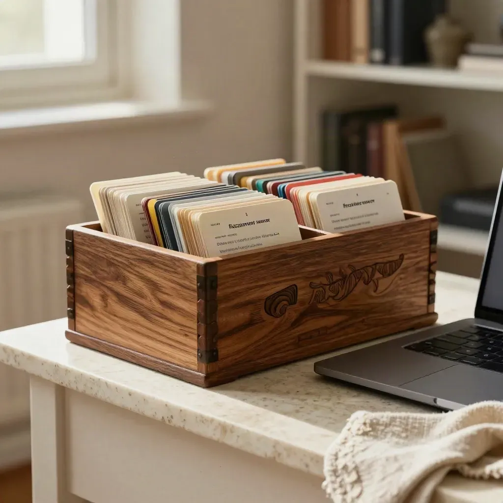 Wooden index box of candidate cards beside a closed laptop on travertine.