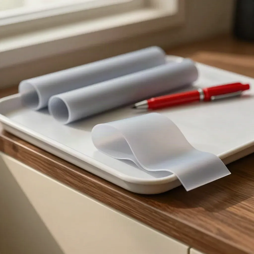 Translucent CV sleeves sliding into a white keep tray beside a red correction pen on walnut.