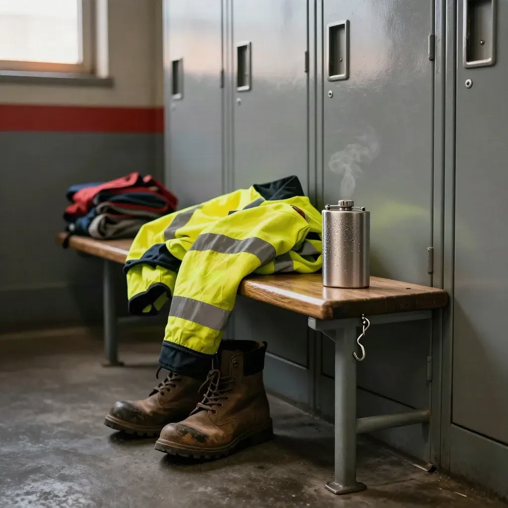 Shift-ready locker bench with hi-vis jacket, boots, flask and lanyard hook in a depot corner.