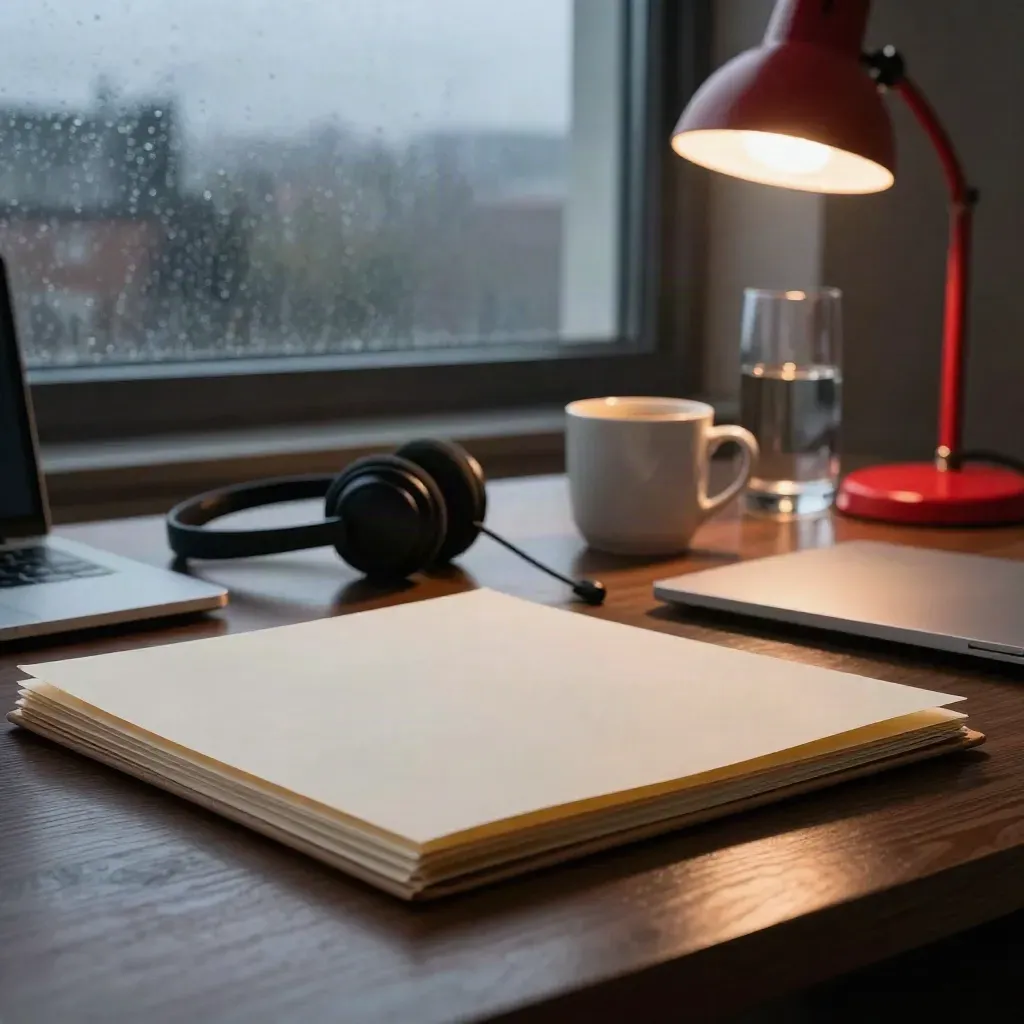 Macro of a walnut hiring desk with laptop, folders, headset, mug, carafe, and red lamp at dawn