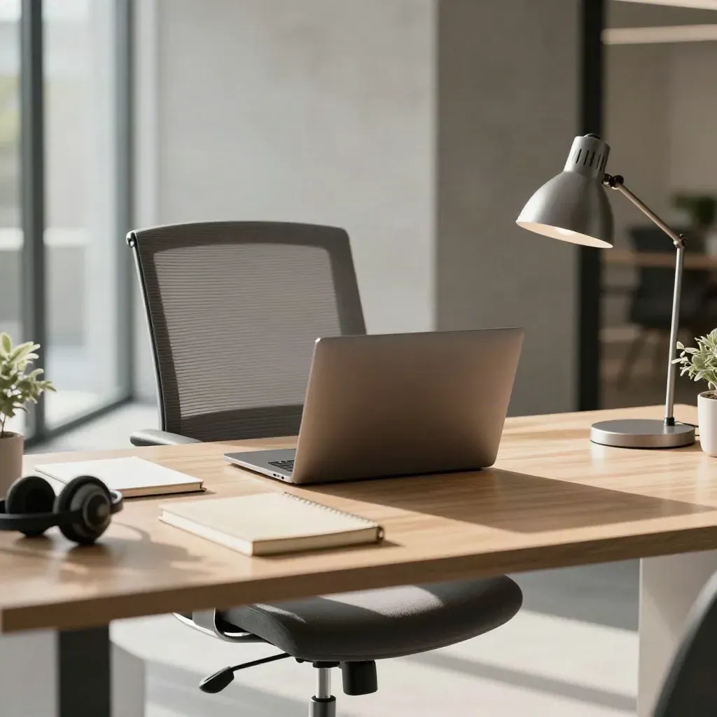 Pristine office bay staged for a new hire with chair, closed laptop, lamp, headset and plant.