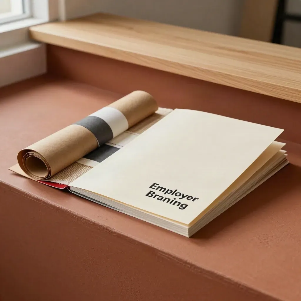 Employer branding mood board with paper swatches and a clean folder on terracotta plaster.