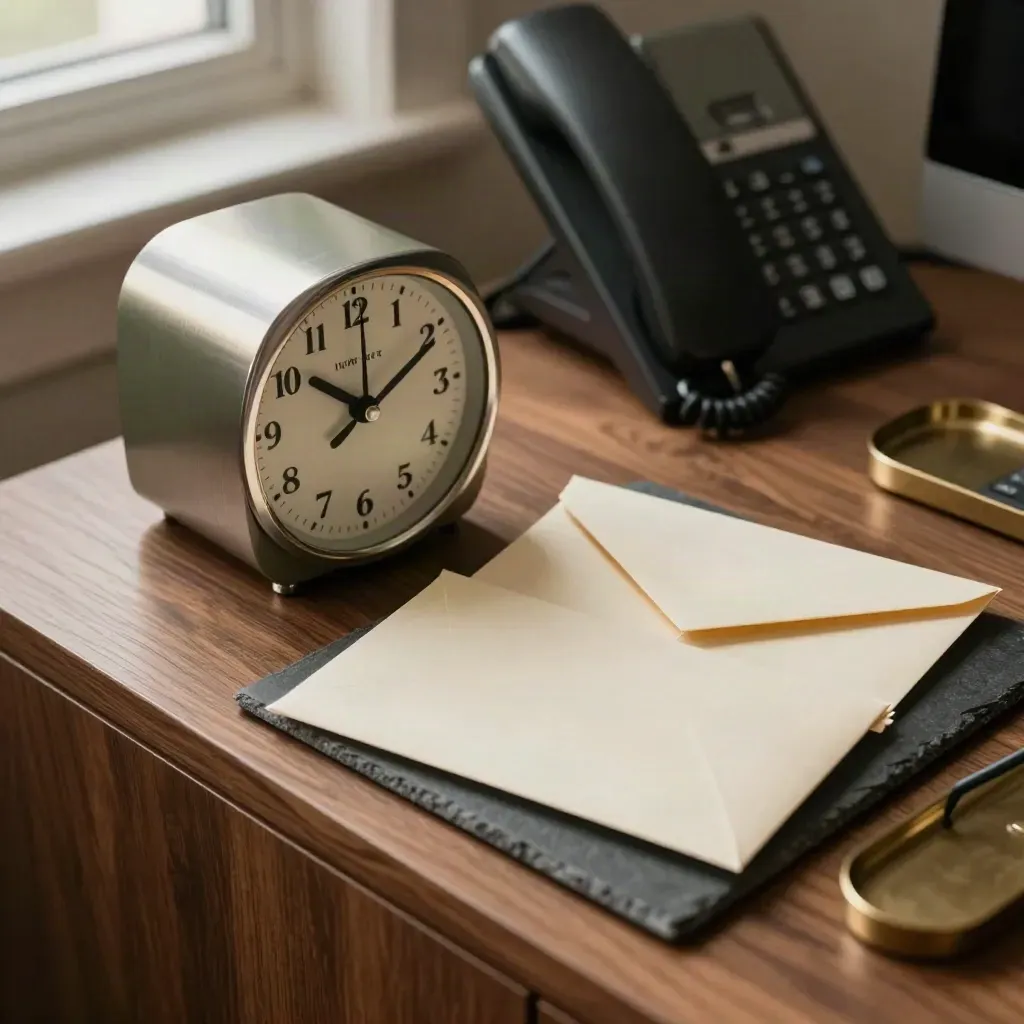Top-down office still life with a clock, calendar cube, phone cradle and sealed notes