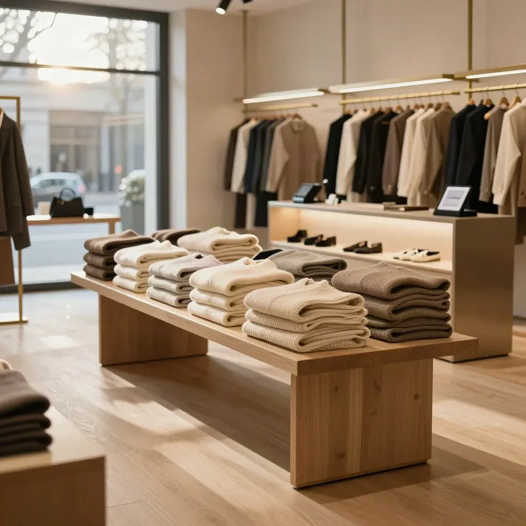 Empty boutique floor with folded clothes, lit displays and till area ready before opening.