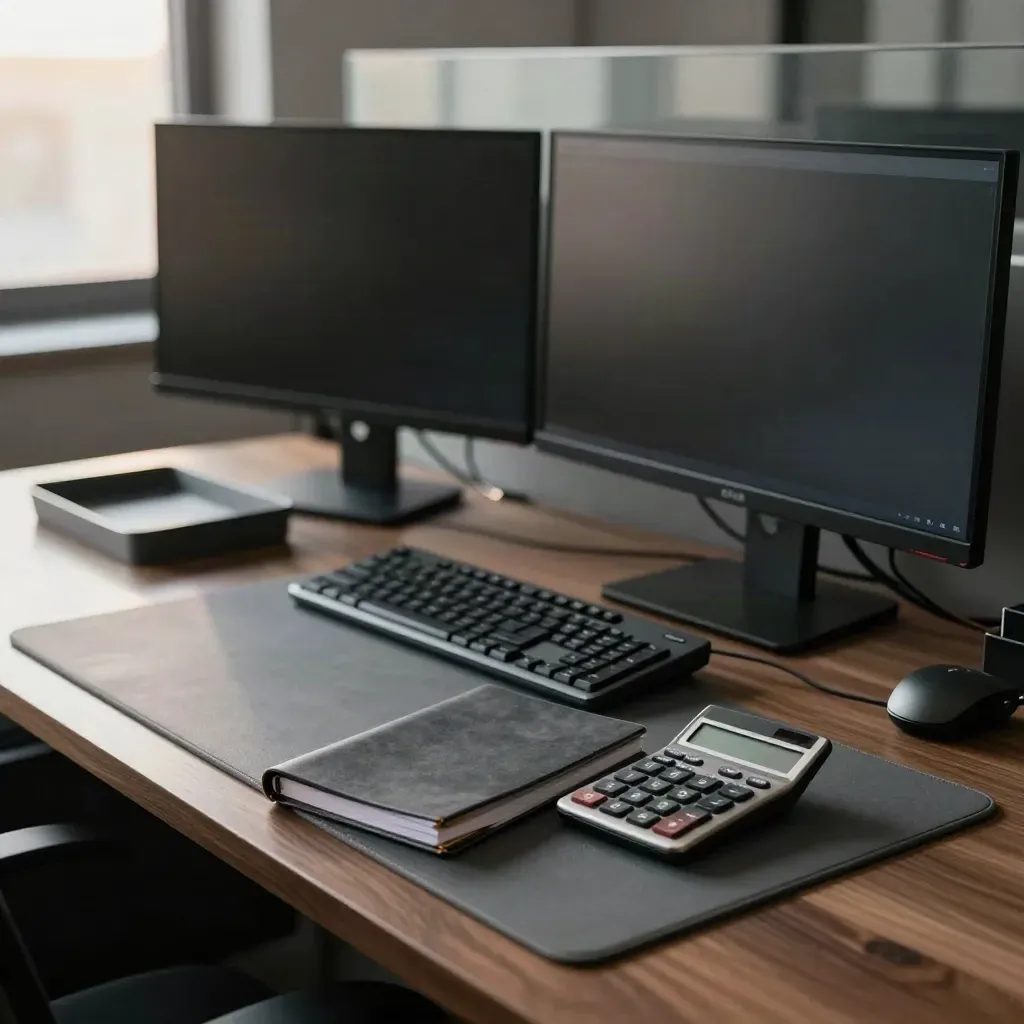 Empty finance workstation with closed ledger, calculator and dark monitors before sunrise.