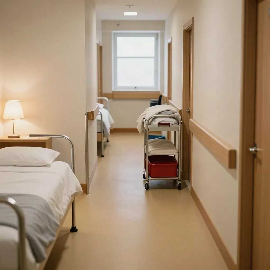 Ready care-home corridor with made beds and a stocked trolley on opening morning