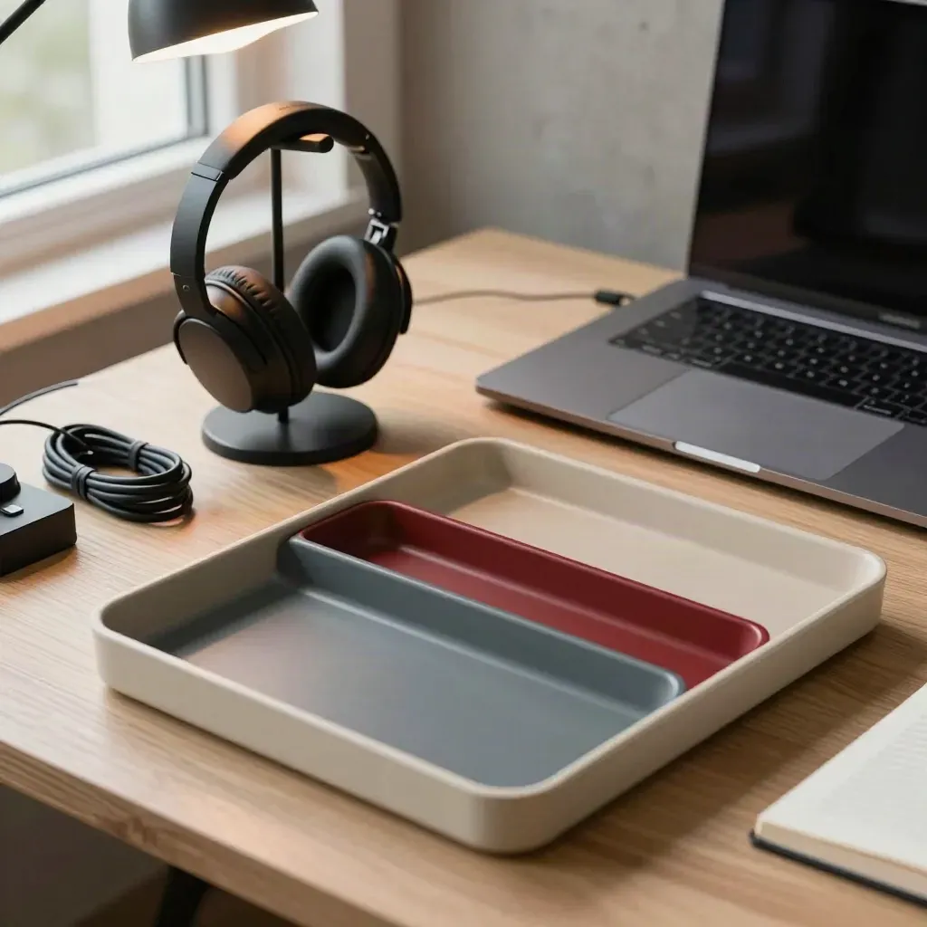 Overhead coordination desk with headset, closed laptop, inbox trays and neat office tools.