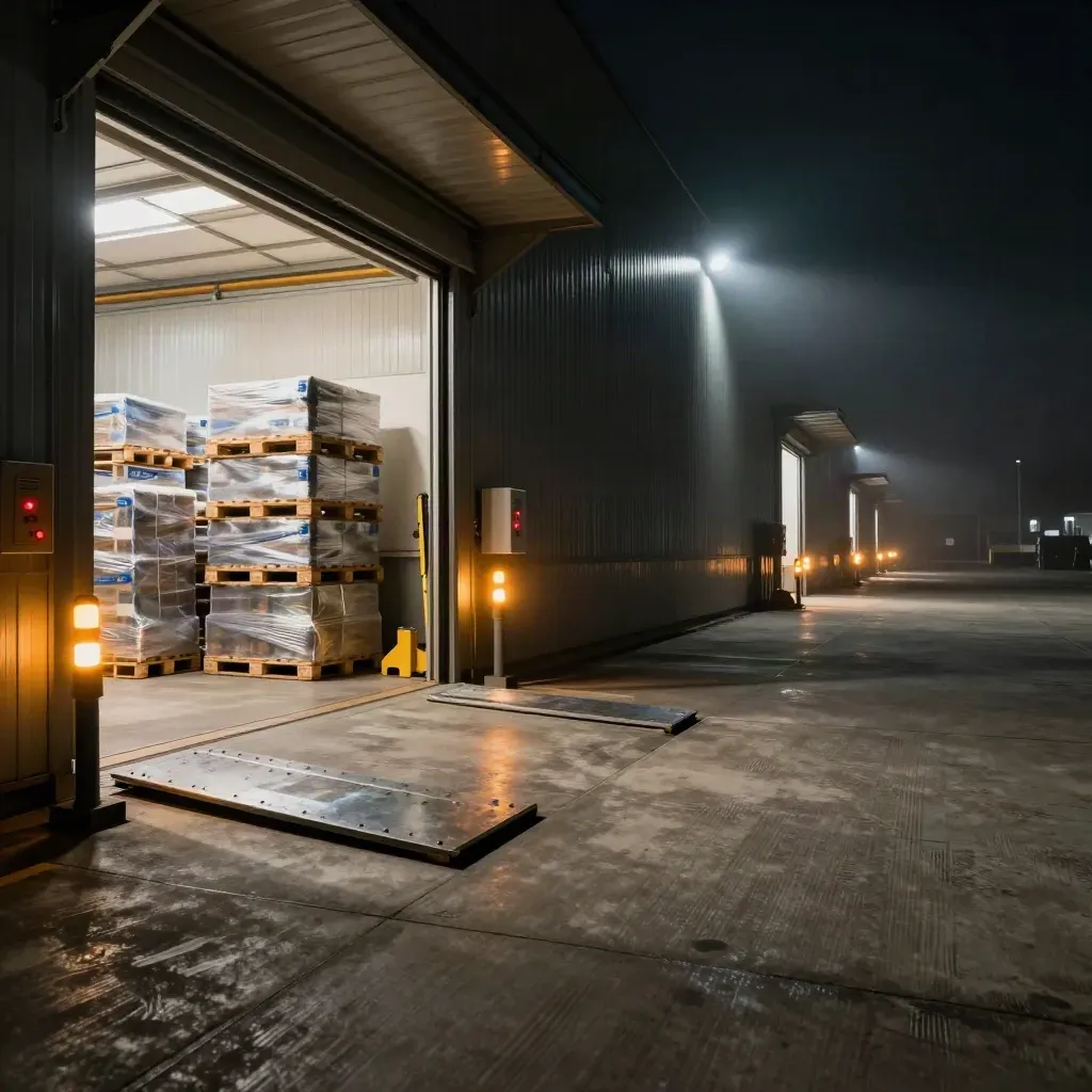 Empty warehouse loading bay at night with dock doors, pallets, and amber safety beacons.
