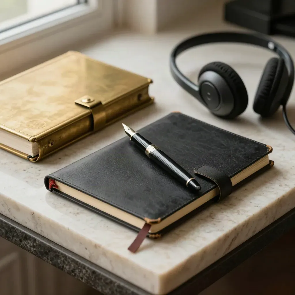 Brass address book, notebook, pen and headset on travertine in macro detail