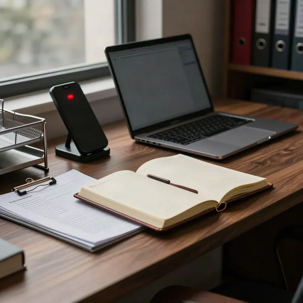 Low-angle recruiter desk still life with phone cradle, closed laptop, diary, and candidate files in twilight.
