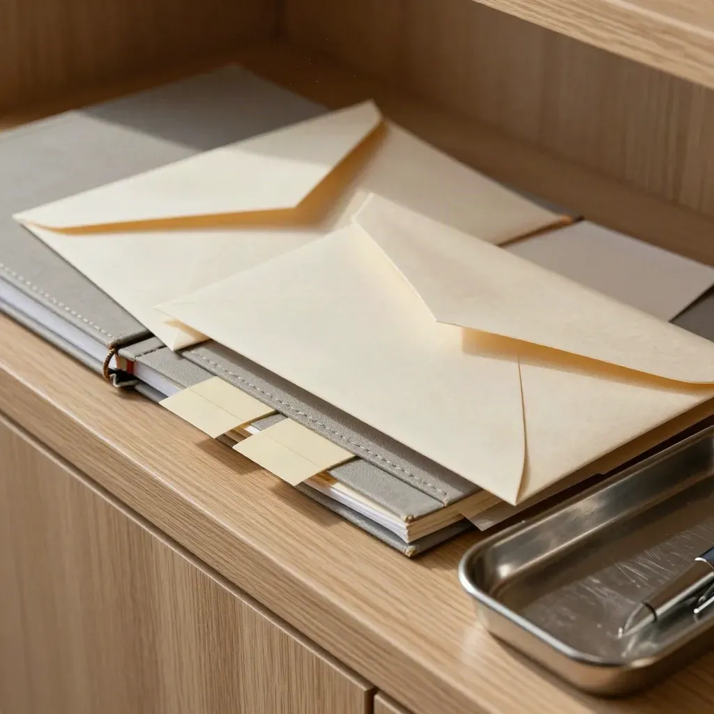 Close-up of recruitment envelopes, index tabs, notebook and metal tray on a pale oak ledge.