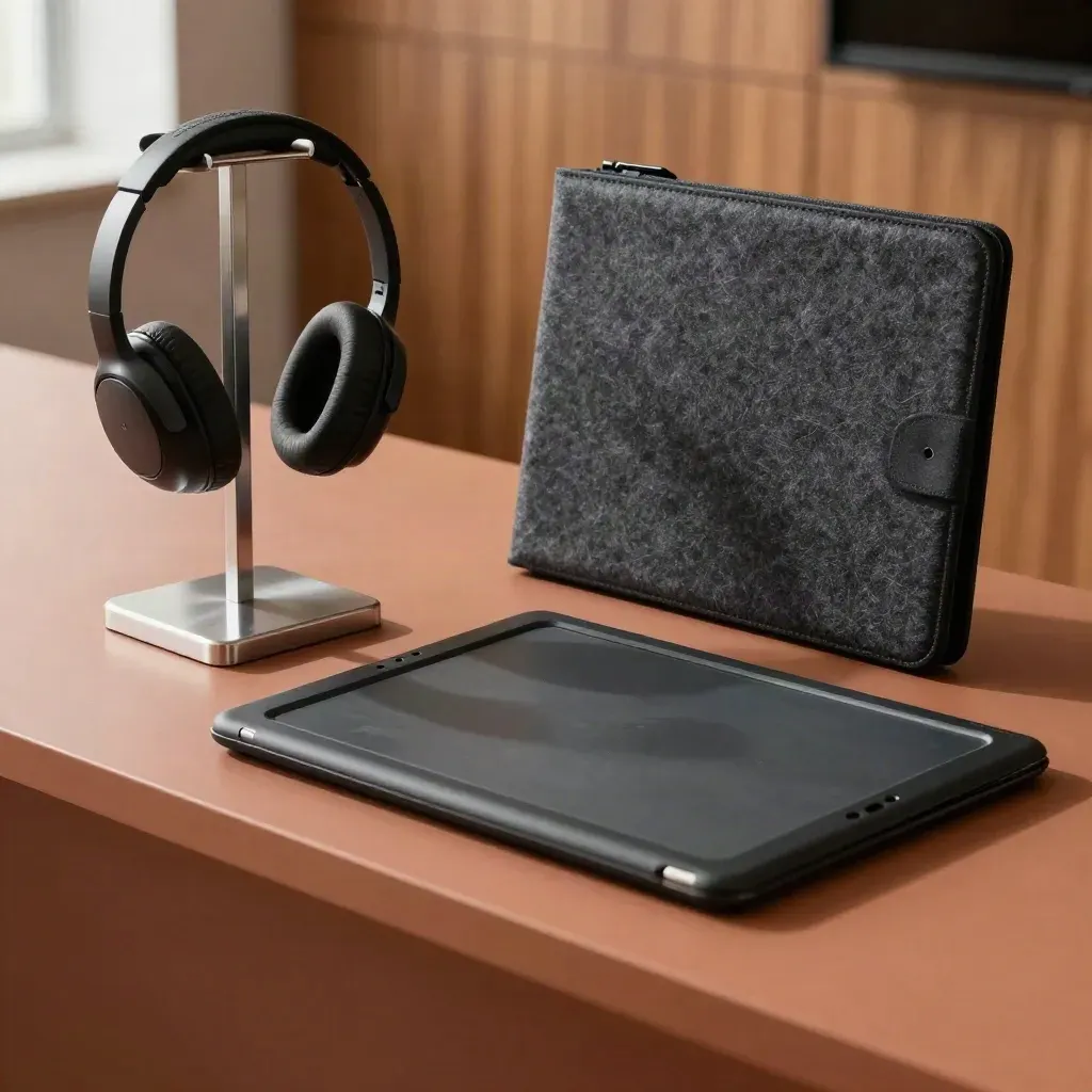 Headset stand, tablet folio, proposal case and tray on a terracotta credenza under dramatic light.