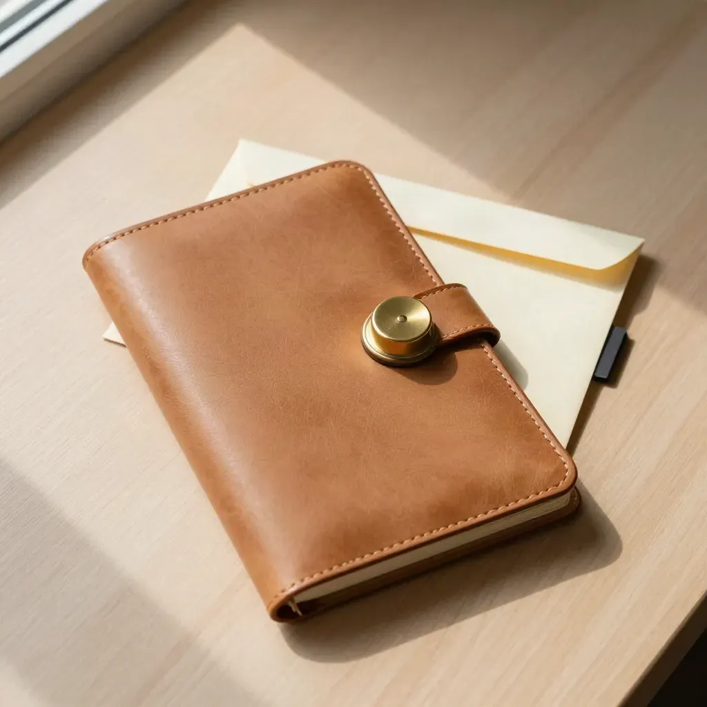 Overhead still life of a leather notebook, brass paperweight, salary envelope and sticky tabs on pale wood.