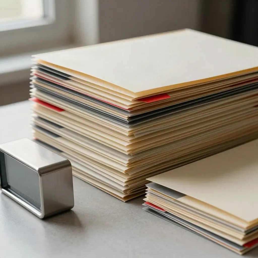 Opaque candidate folders, red tab and desk timer on a soft plaster surface.