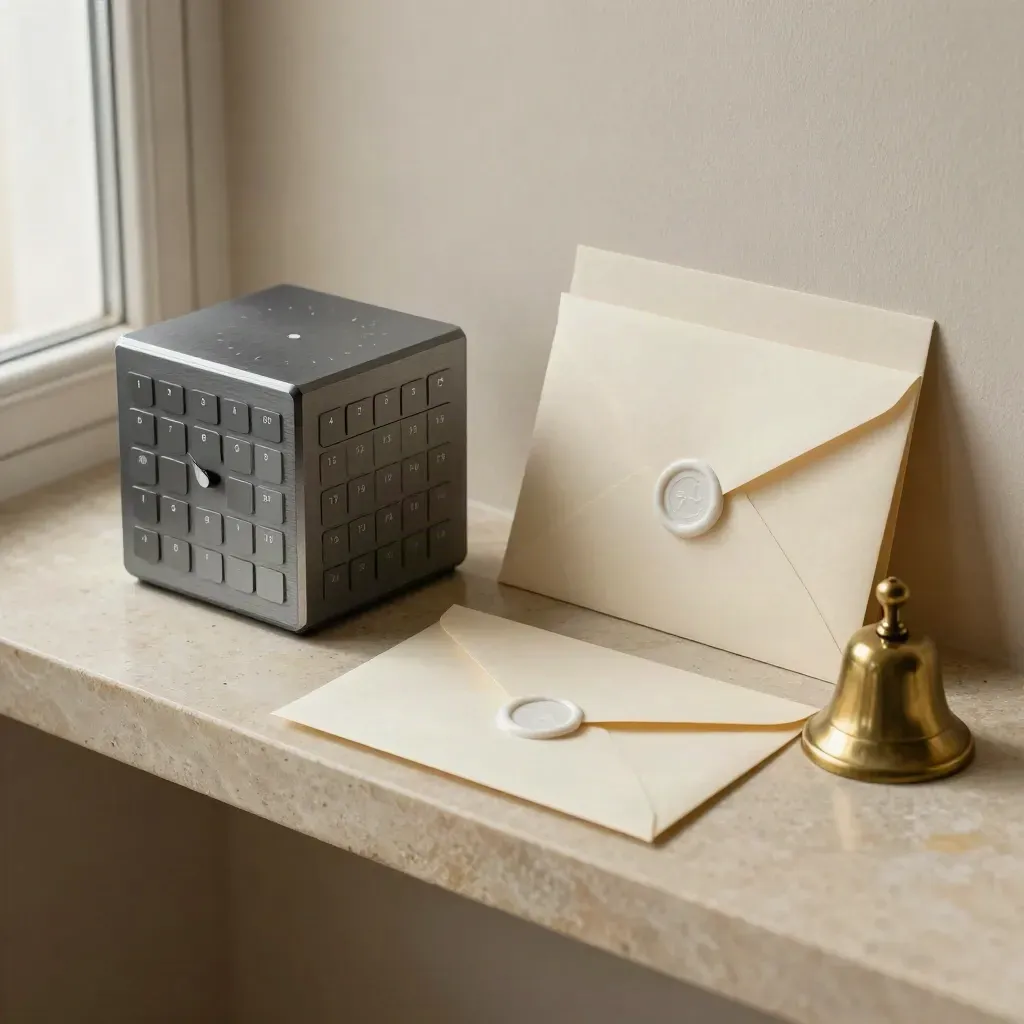 Top-down still life of scheduler cube, sealed envelopes, and brass bell on stone.