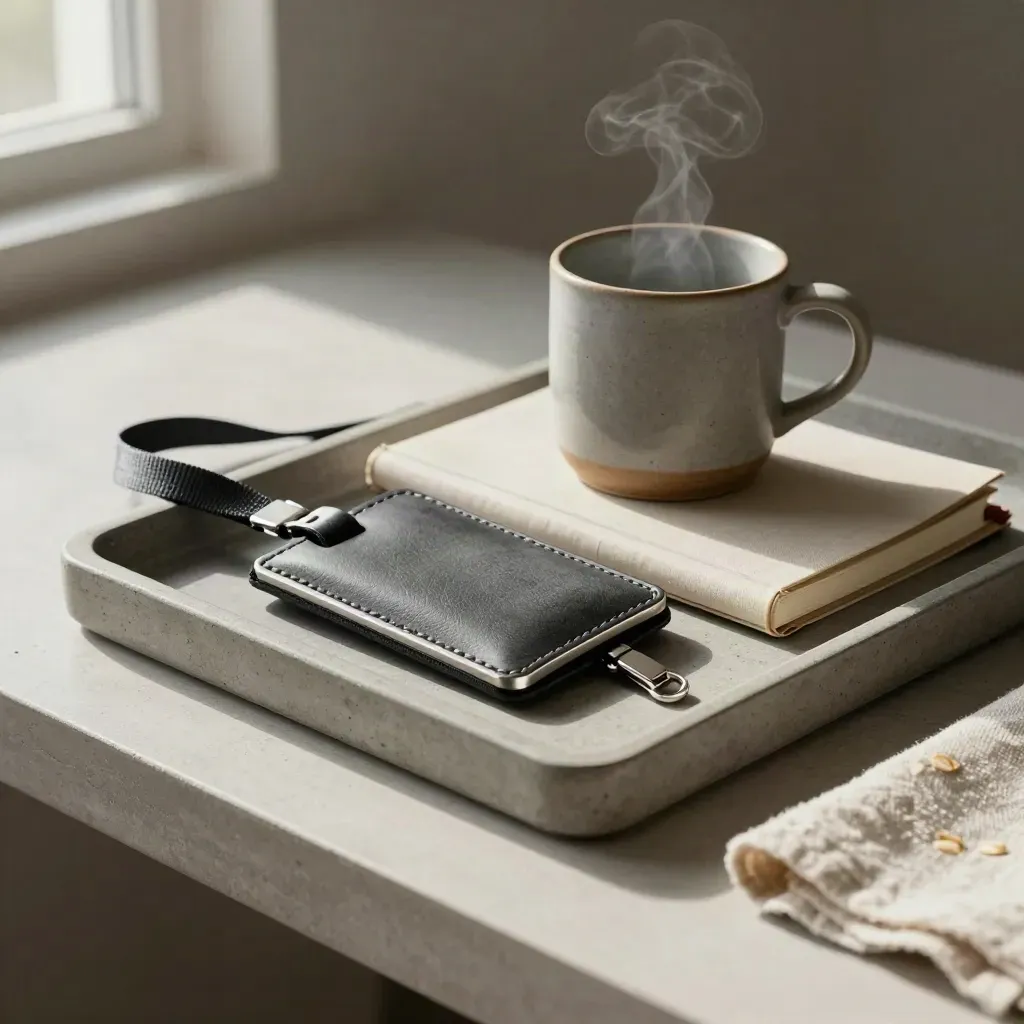 Stone tray still-life with keycard sleeve, steam mug, notebook, lanyard and folded cloth.