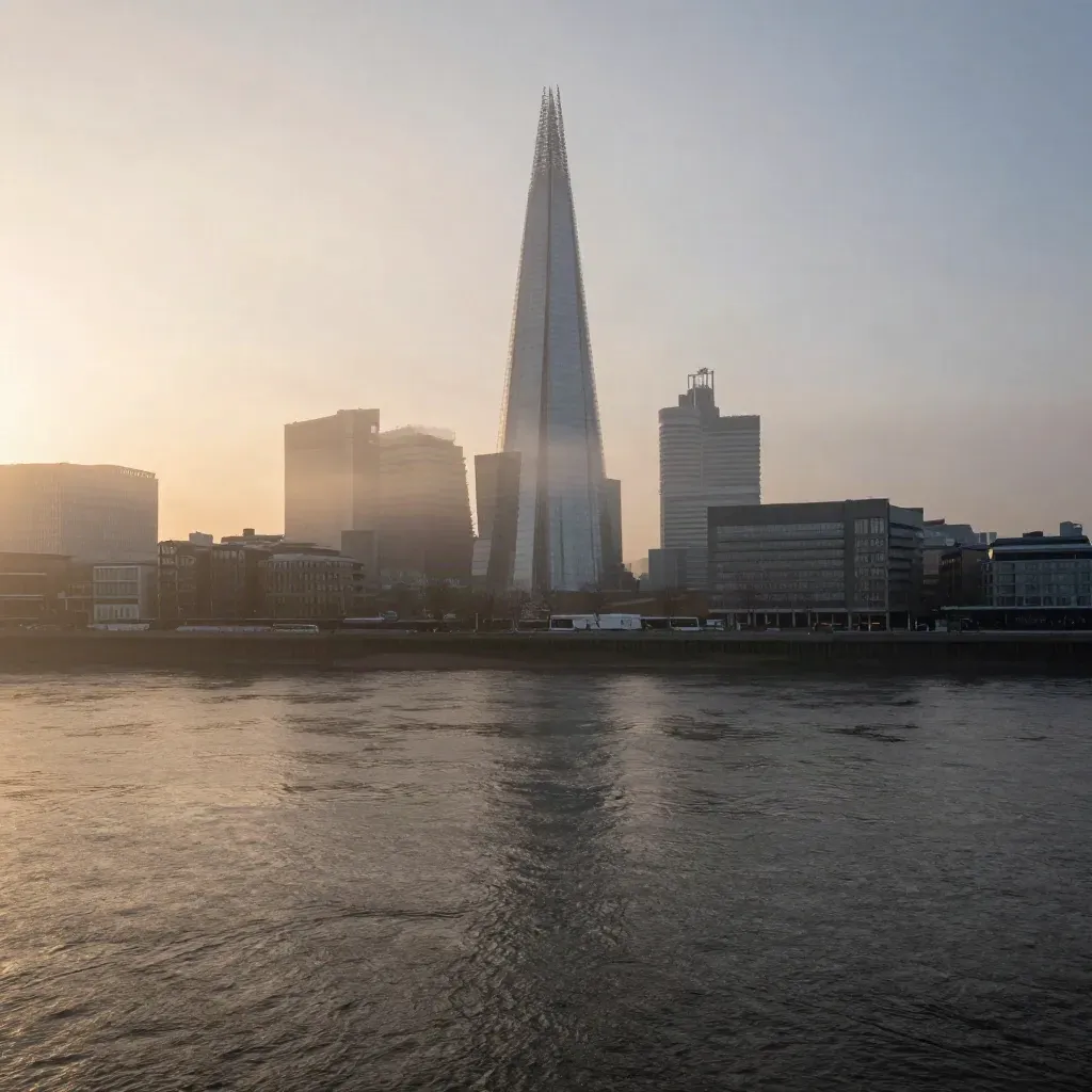 London skyline over the Thames in dawn fog with warm golden light