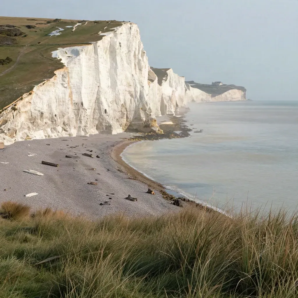 White chalk cliffs over a hazy South East coast, with open pale sea and calm chalk grassland below.