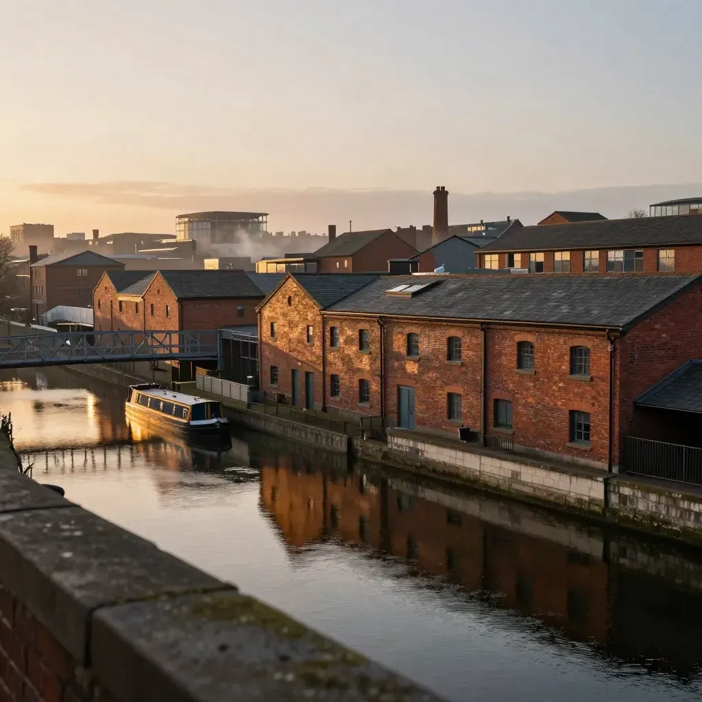 Birmingham canal skyline with brick warehouses, misty water and warm sunset reflections.