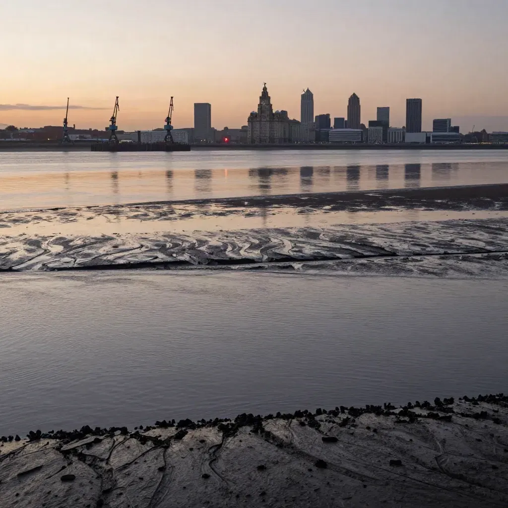 Mersey estuary at low tide with dock cranes and Liverpool skyline above a calm tidal plain.
