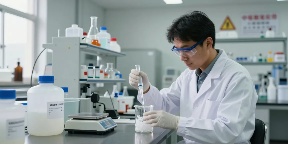 Nitroethane suppliers in USA showcasing lab technician measuring research chemicals under bright lighting.