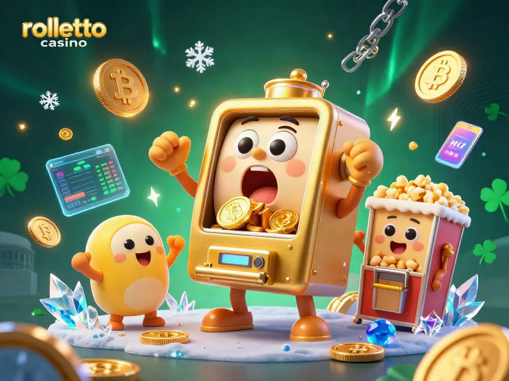 Engaging scene of rolletto casino slot machine winning big with cheering mini machines and layered crypto elements