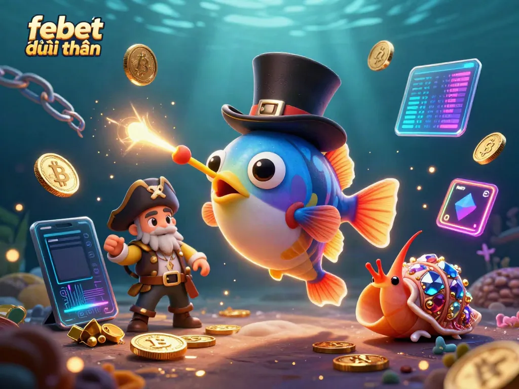 Experience the thrill of febet đổi thưởng with a captivating 3D underwater scene filled with vibrant characters and casino elements.