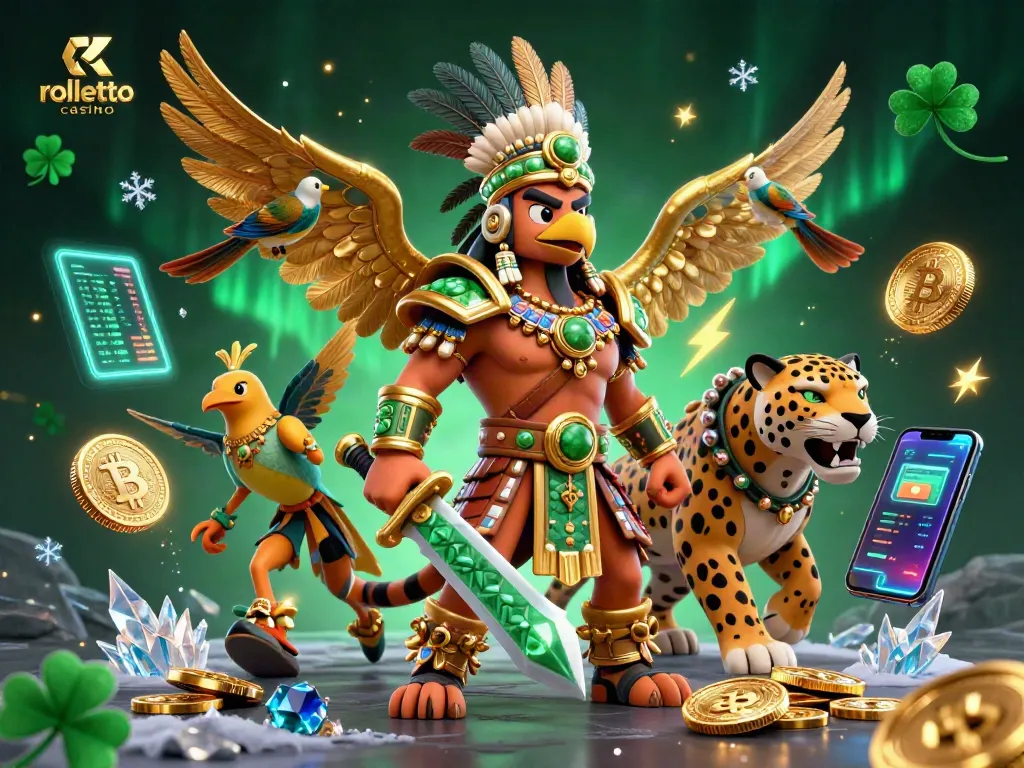 Experience the thrill of rolletto casino with dynamic 3D comic art showcasing Aztec warriors and crypto elements.