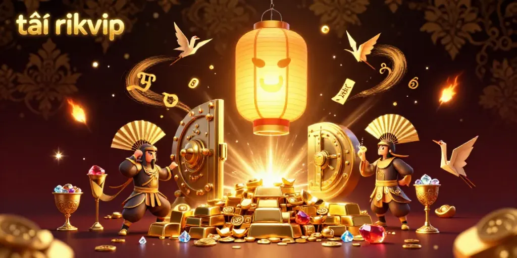 Experience the vibrant world of tải rikvip with a 3D golden lantern spirit amidst dazzling casino elements.