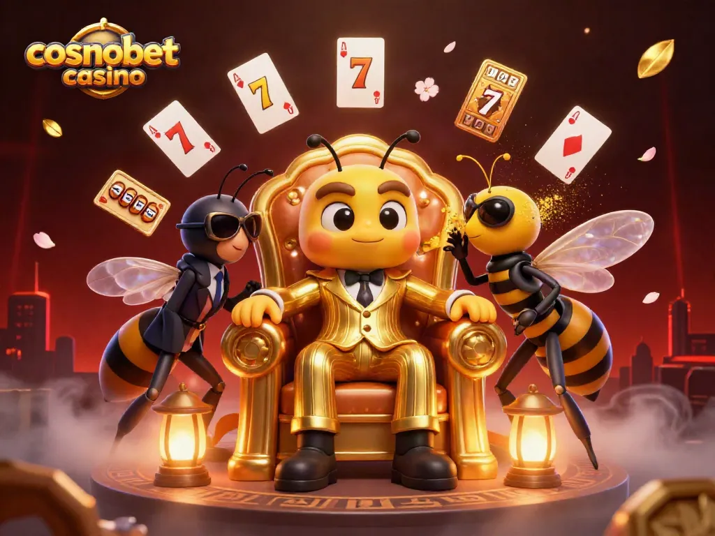 Experience thrilling gameplay at Cosmobet Casino with a vibrant illustration of a buzzing mob boss surrounded by slot reels and lucky symbols.