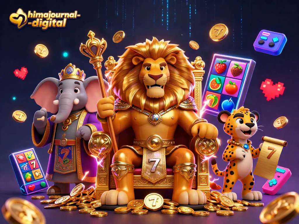Engage with ahimajournal-digital's dynamic gaming scene featuring a fierce lion king and vibrant casino elements.