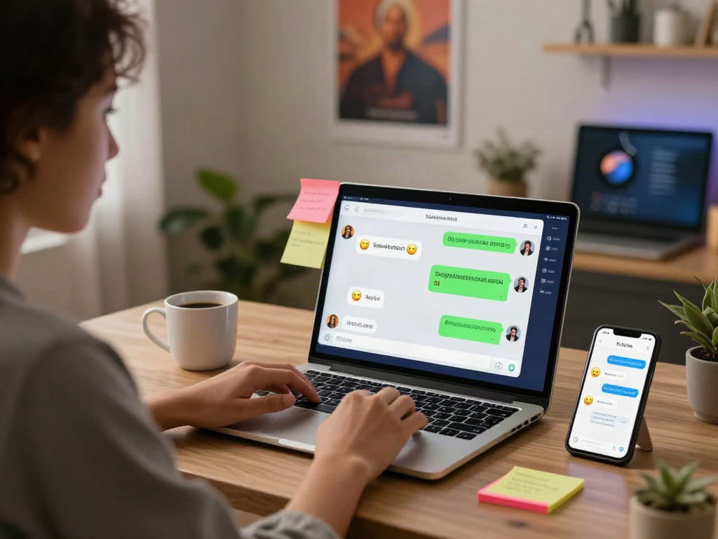 Interactive sexchat experience with user on laptop, cozy workspace and vibrant emojis.
